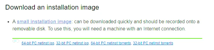 Debian download page with netinst ISO selection.