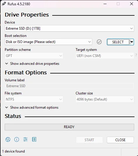 Rufus interface configured for Debian boot USB creation.