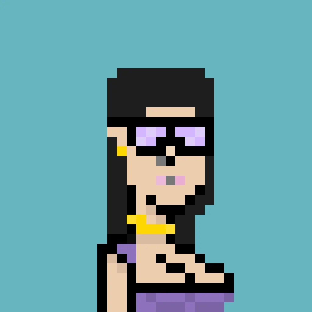 Charlotte has black hair, wears purple sunglasses, has a golden earring, a nose piercing, a lip piercing, and a golden necklace. She wears a purple tube-top that hugs her chest. The background is a solid teal.