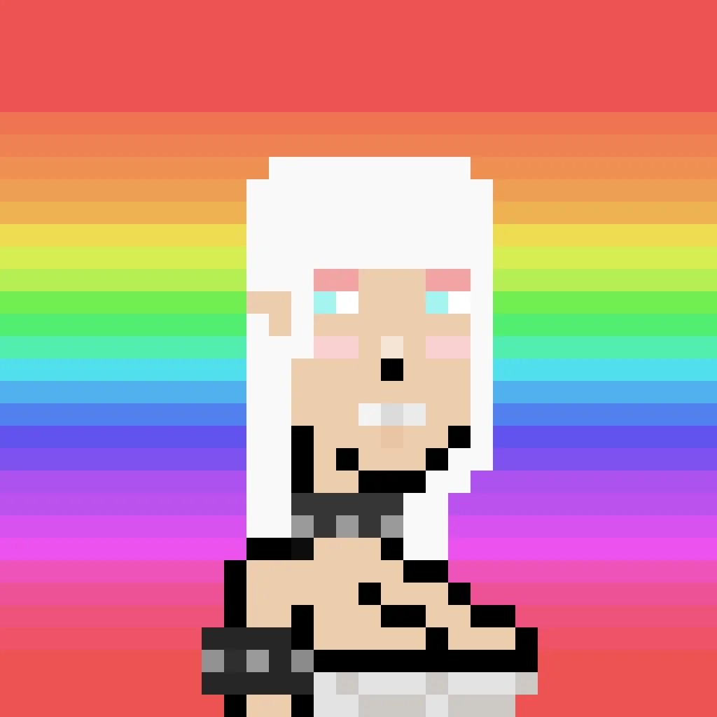 Blithe is an elf with pointy ears, white long hair, blue yes and lips painted white as well. She wears a spiked collar around her neck, and also on her upper-arm. Her outfit is a white tube-top. The background is a rainbow.