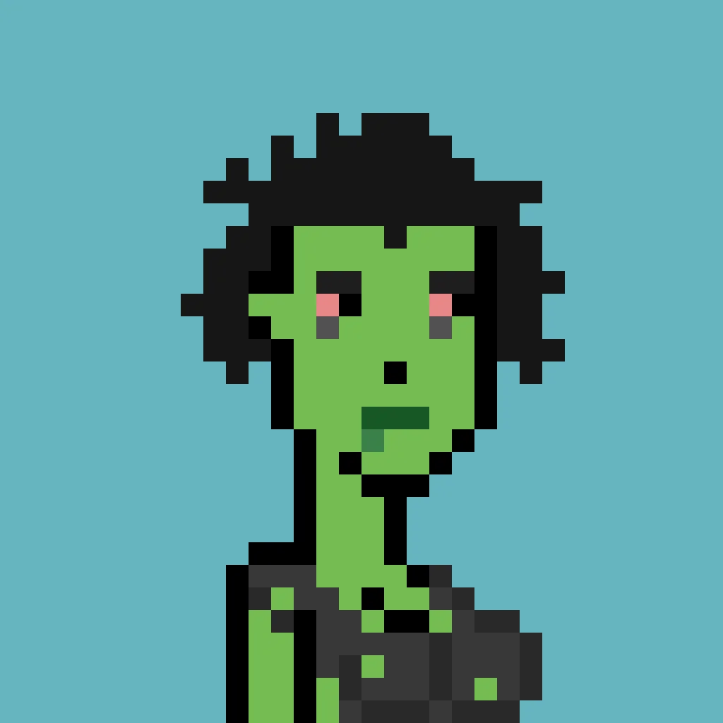 Rottena is a zombie woman with short messy black hair, blank red eyes with dark bags beneath them, and drool comes out of her mouth. She wears a torn grey t-shirt. The background is a solid teal.