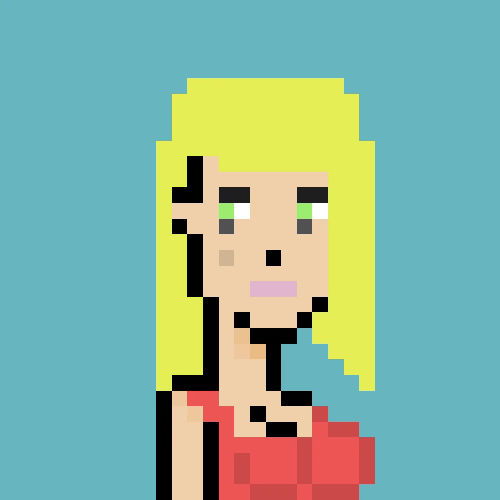 Joy is a woman with medium length blond hair and green eyes. She has a beauty mark on her cheek and wears a red tank-top. The background is a solid teal.