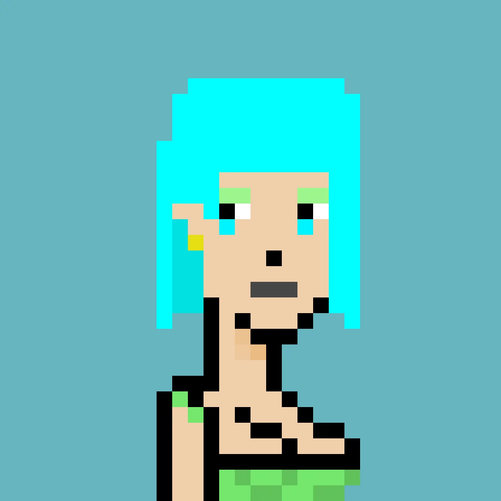 Aries is a woman with short blue neon hair, with green and blue eyeshadow, a golden earring, and black lipstick. She wears a light green tube-top. The background is a solid teal.