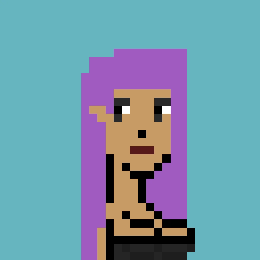 Ninul is a woman with long purple hair, dark eyeshadow, and red lipstick. She wears a black tube-top. The background is a solid teal.
