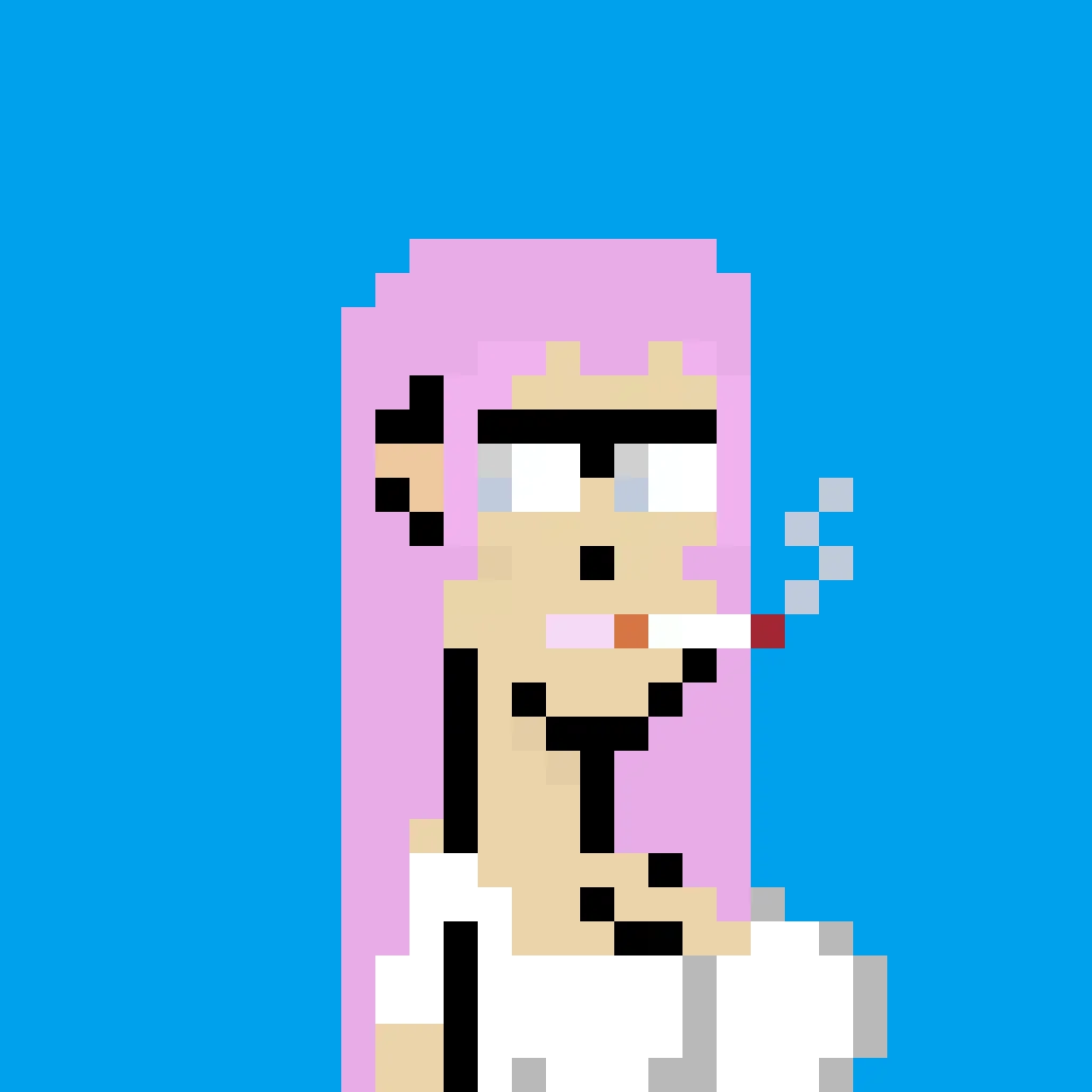 Ada is a woman with long pink hair, regular glasses, and pink lipstick. She's smoking a cigarette and wearing a white t-shirt.  The background is a solid light blue.