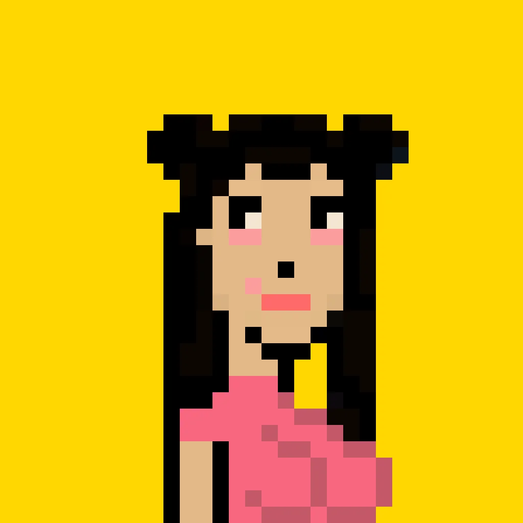 Link is a woman with her hair up in double buns, with the rest in pony tails, with pink eye shadow, red lipstick, pink blush, and she's wearing a red t-shirt. The background is a solid gold.