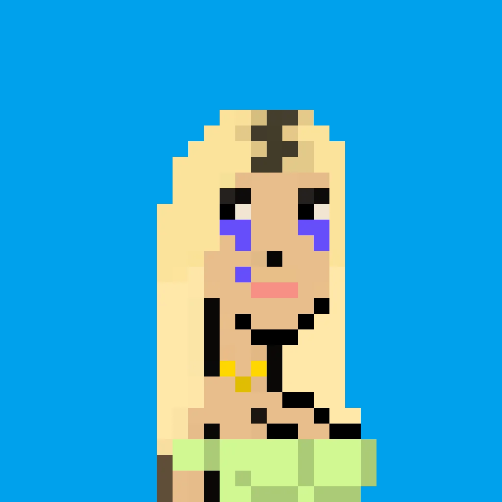 Avalon is a woman with long blond hair with dark roots, black eyeshadow, a golden necklace, and she's wearing a green tube-top. She is also crying. The background is a solid light blue.