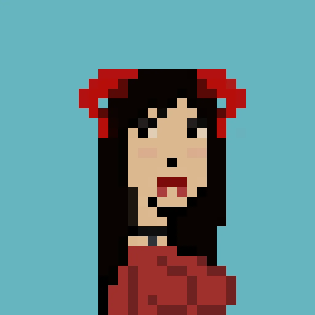 Decaria is a demon woman with long black hair, and red horns that come out the top of her head, with deep red lipstick and what appears to be blood dripping from her bottom lip. She has a black collar around her neck and she's wearing a red long-sleeve shirt. The background is a solid teal.