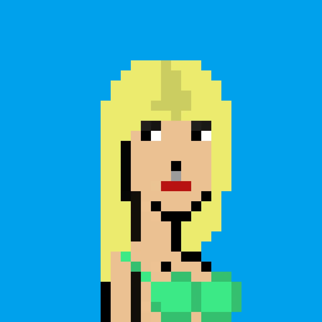 Tera is a woman with long blond hair, and slightly darker roots. She has black eyeshadow, a nose-ring, red lipstick, and she wears a green bikini top. The background is a solid light blue.