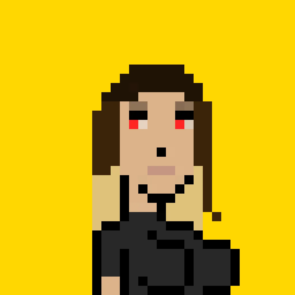 Shay is a woman with long ombre brown and blond hair, with light eyeshadow, red eyes, and she wears a black t-shirt. The background is a solid gold.