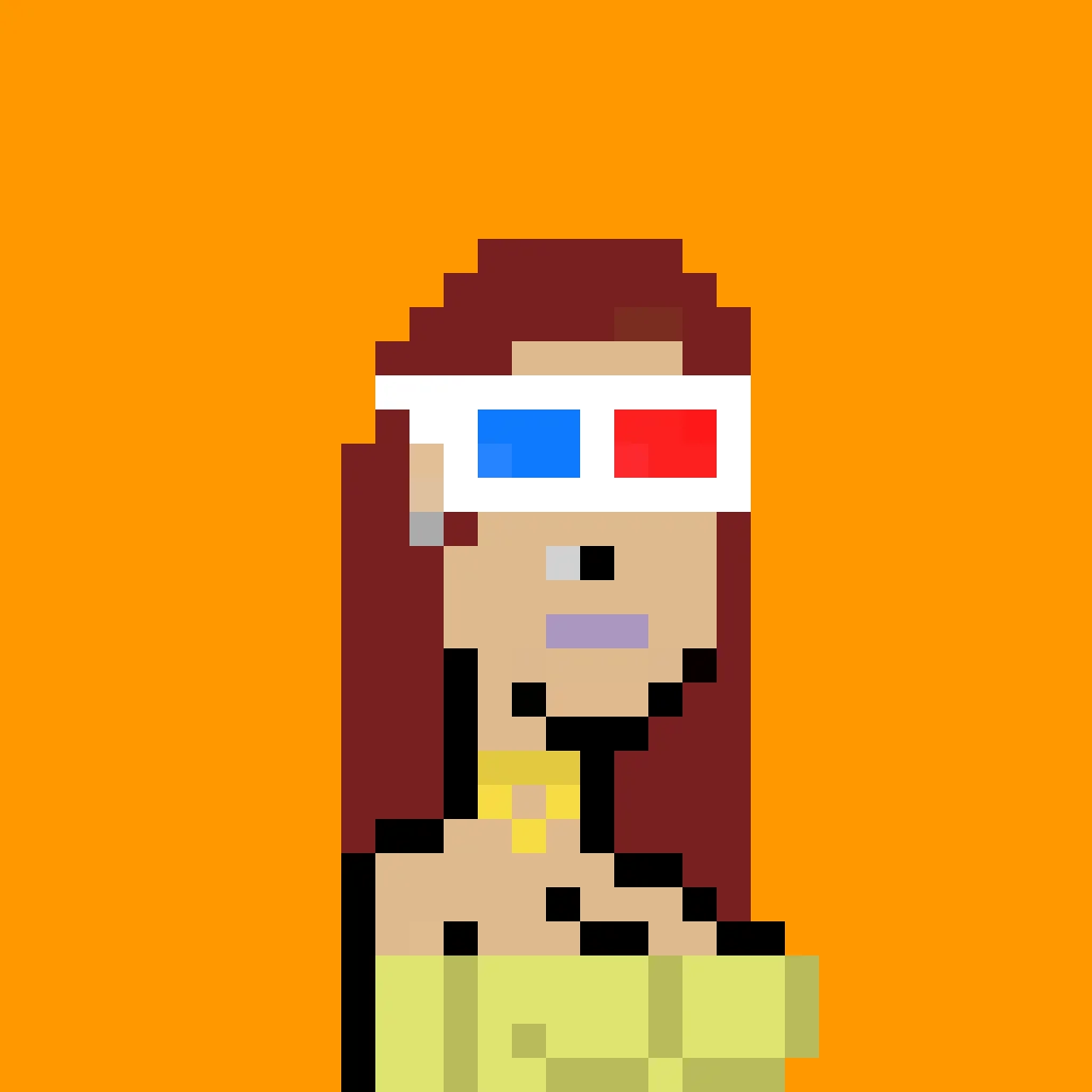 Proxy is a woman with long red hair, 3D glasses over her eyes, an earring and a nose-ring, purple lipstick, a golden necklace, and she wears a yellow tube-top. The background is a solid orange.
