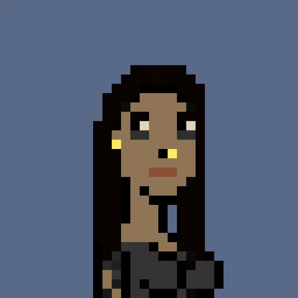 Noona is a woman with long black hair, dark eyeshadow, an earring and a nose-ring, and she swears a black t-shirt. She appears to be a little sad. The background is a solid dark blue.
