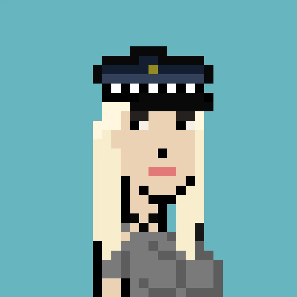 Pris is a woman with long bright blond hair, with a cop's hat on top of her head, and a black band around her neck. She wears a grey t-shirt. The background is a solid teal.