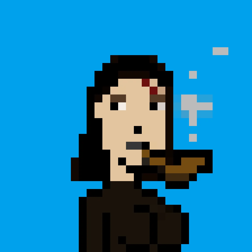 Aurora is a woman with medium length black hair, a scar on her forehead, dark and brown eyeshadow, black lipstick, and she wears a black turtle-kneck. She is also smoking from a pipe. The background is a solid light blue.