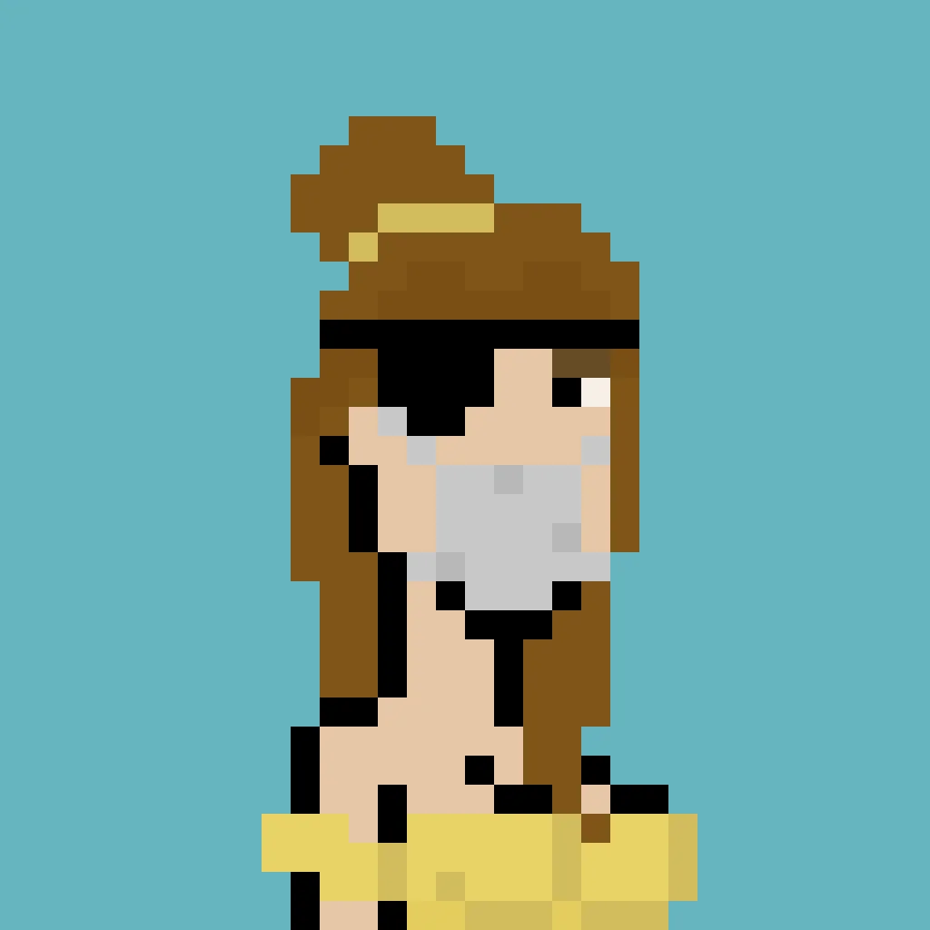 Ripley is a woman with long brown hair that's partially tied up in a single bun, with a patch over one eye, and she wears both an n95 mask and a yellow tube-top. The background is a solid teal.