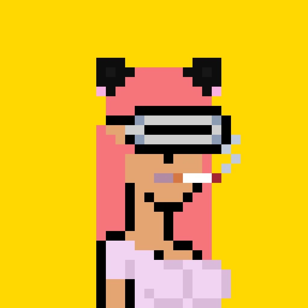 Qwerty is a woman with long pink hair and cat ears at the top of her head. Over her eyes is a virtual reality headset, and her lips are painted pink as she smokes a cigarette. She's wearing a light pink t-shirt. The background is a solid gold.