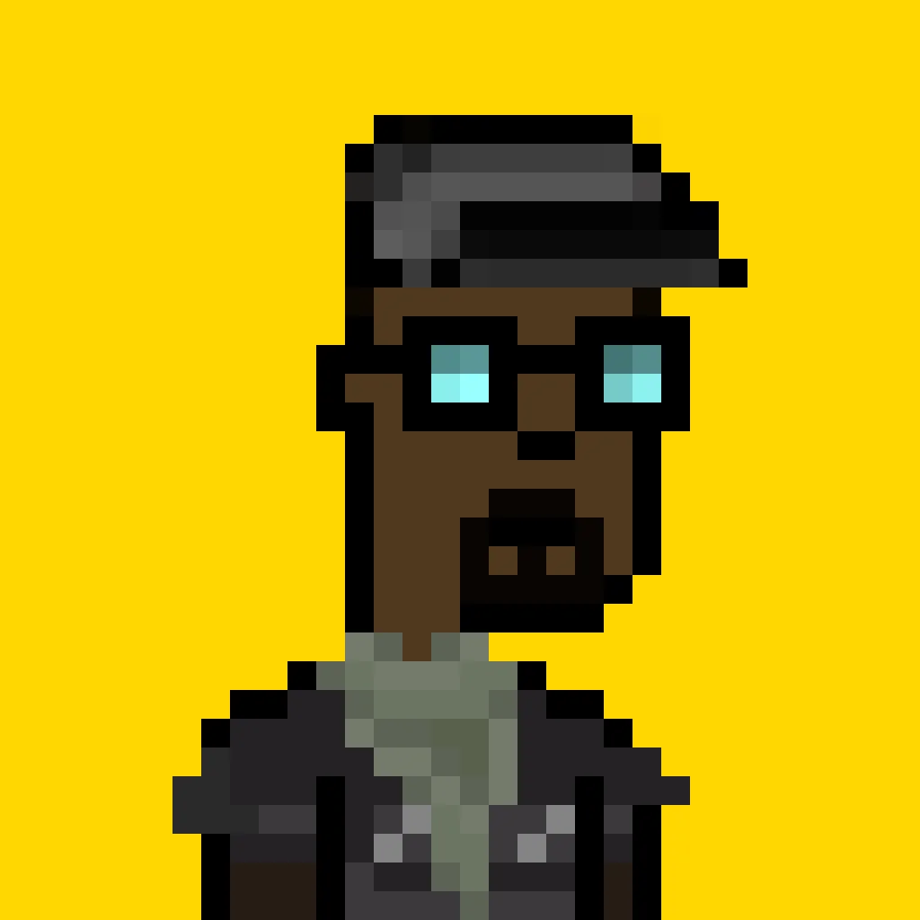 Chizo is a man wearing a small black cap on his head, with coke-bottle glasses, and a goatee. He's wearing what appears to be black armor, and a handkerchief around his neck. The background is a solid gold.
