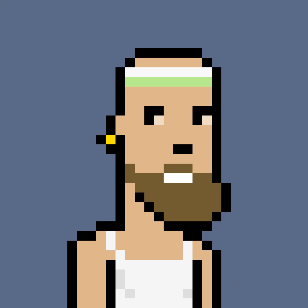 Apogee is a man who has no hair at all, with a white and green sweatband around his forehead. He has an earring, and a huge bushy beard. He's also wearing a white tank-top. The background is a dark blue.