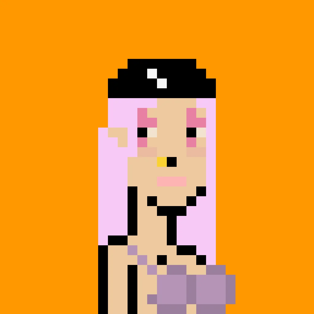 Akiko is a woman wearing a swimming cap with long pink hair, pink eyeshadow, pink lipstick, a nosering, and she wears a purple bikini top. The background is a solid orange.