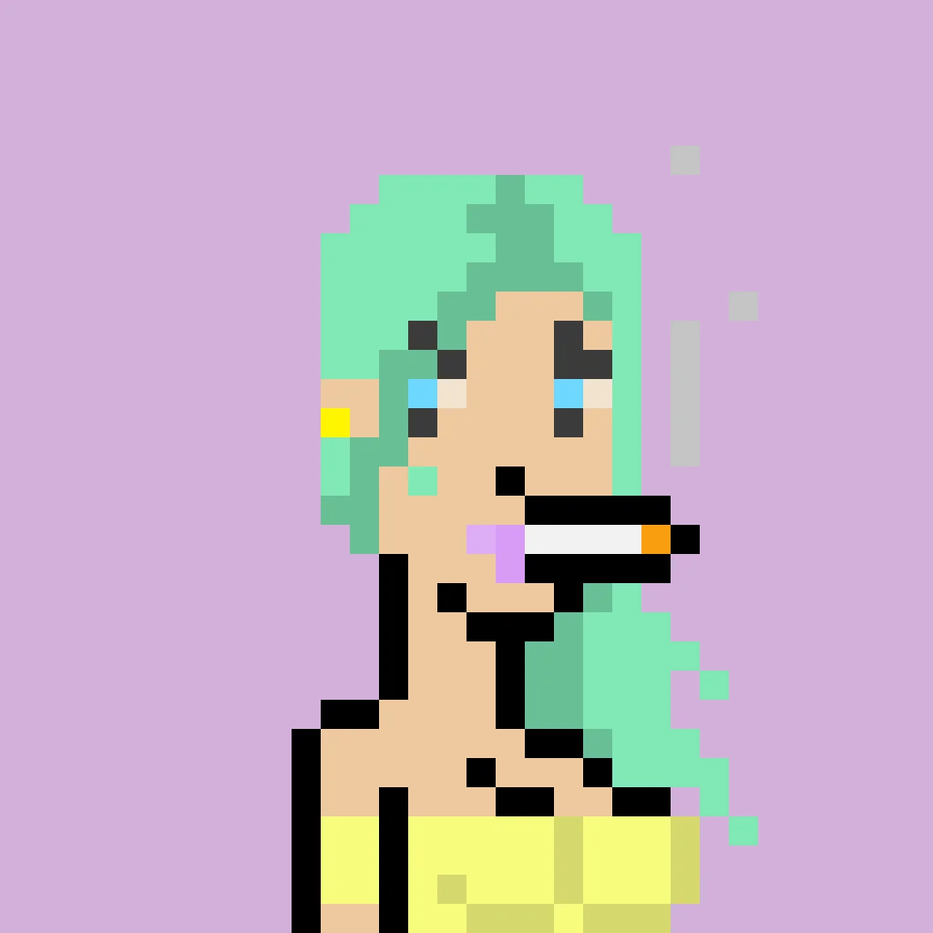 Aycee is a woman with wind-swept long green hair, grey eyeshadow, bright blue eyes, an earring, purple lipstick, and she smokes a cigarette while wearing a yellow tube-top. The background is a solid pink.