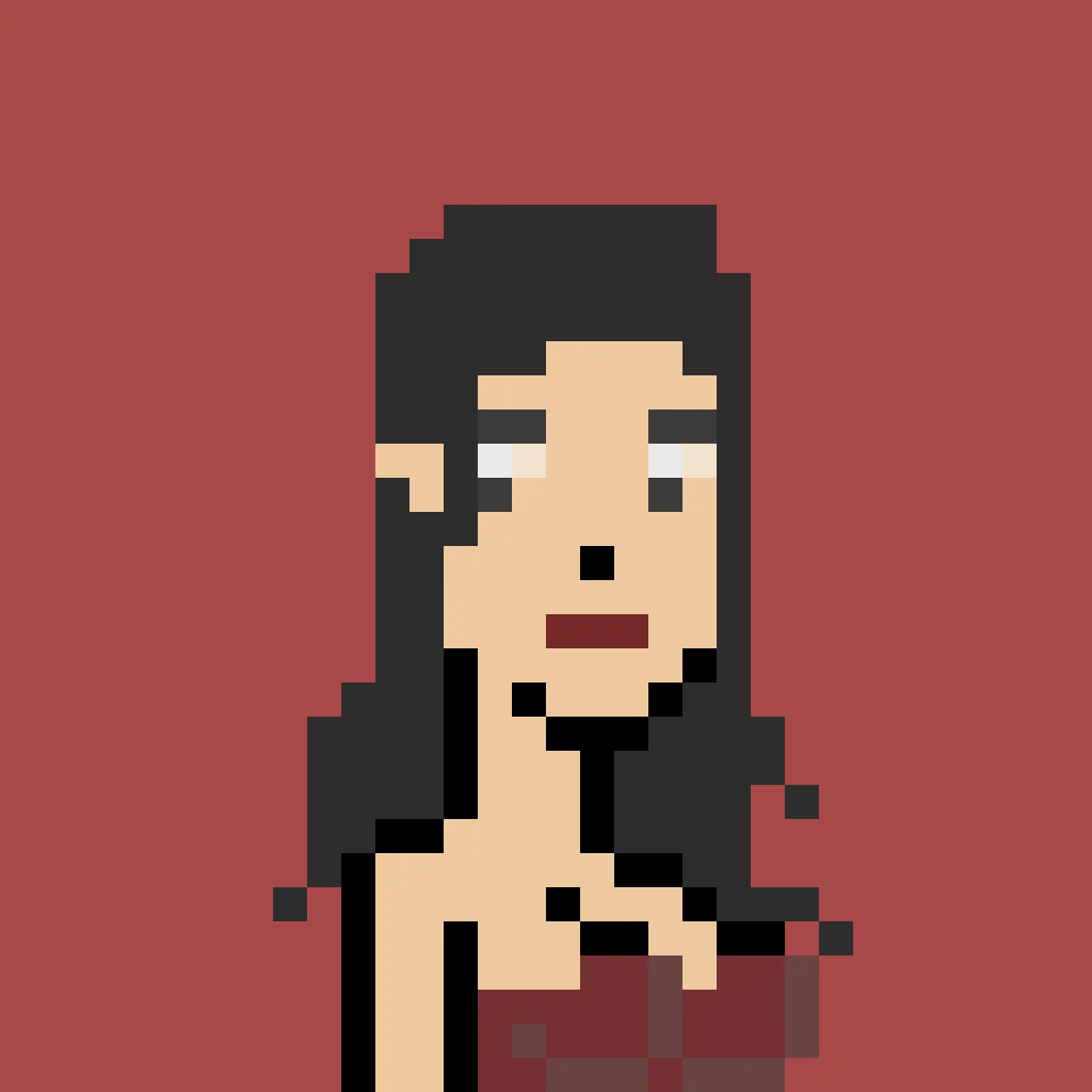 Parity is a woman with messy long brown hair, no eyes, red lipstick, and she wears a red tube-top. The background is a solid red.