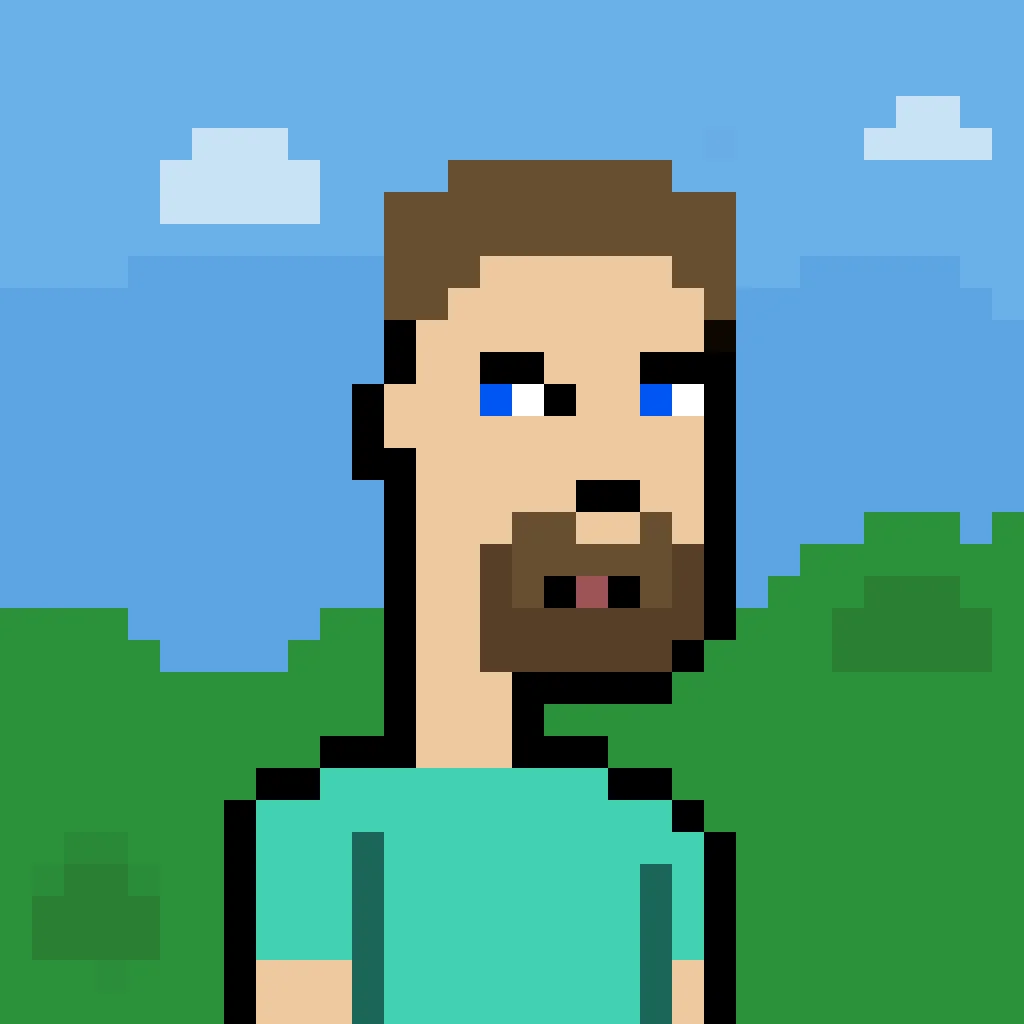 John is a man, a normal man, a regular all-around, Joe. He has short brown hair and blue eyes with a neatly trimmed beard that resembles a slightly larger goatee. He wears a green shirt, and the background is rolling hills with a blue sky.