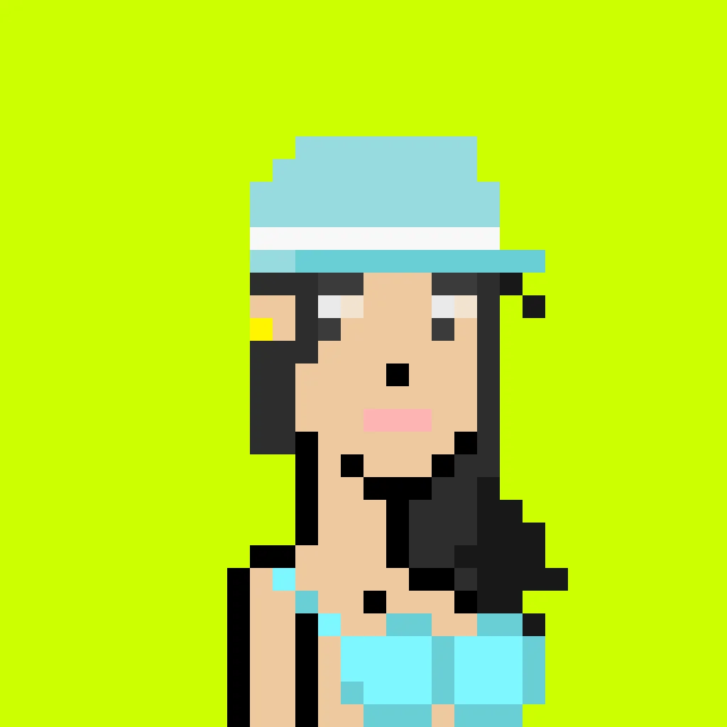 Lain is a woman with a blue baseball cap over wind-swept black hair, with no eyes, an earring, dark eyeshadow, and she wears a blue bikini top. The background is a solid green.