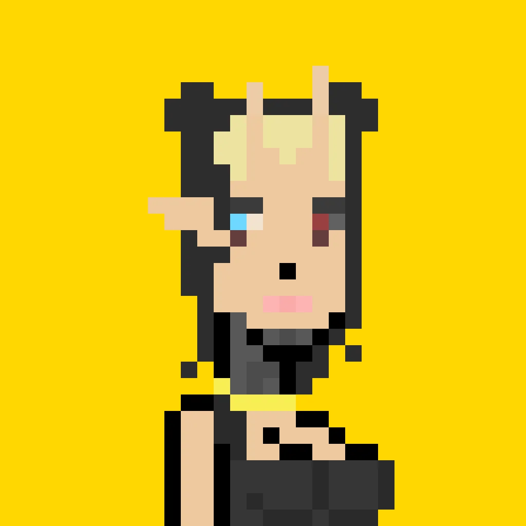 Bit is a woman with her hair up in double small-sized buns, while the rest falls down to just above her shoulders. One of her eyes is mechanical, and the other is blue. The hair you can see is blond, but she has flesh-colored horns coming from her forehead. At her neck and chin, she appears to have some kind of mechanical implant, and she wears a black tank-top. The background is a solid gold.