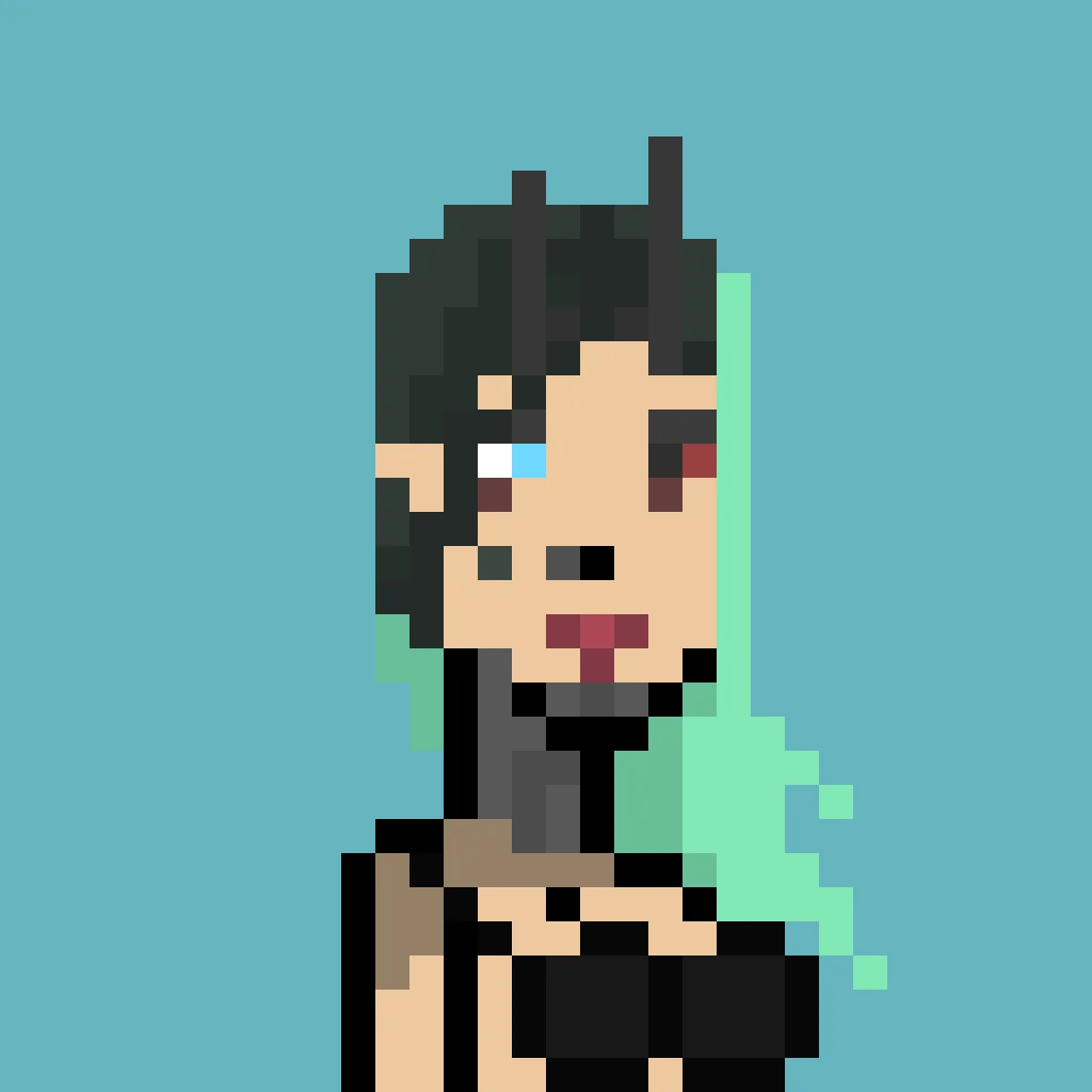 Ayashi is a woman with ombre black and green hair in the wind-swept style. Like her predecessor, one of her eyes is mechanical, and the other's blue. Her horns are not flesh colored, but instead are a smooth black. Also like her predecessor, she appears to have mechanical implants around her neck and chest. Her eyeshadow is dark, lips paint red with possible blood smears, a nosering, arm coloring that would suggest tattoos, and a black bikini top. The background is a solid teal.
