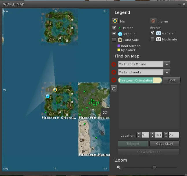 OpenSim world map showing online regions