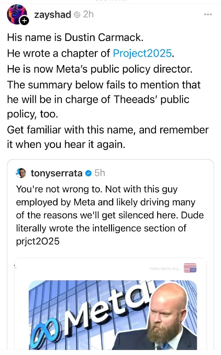 a screenshot from Threads detailing who Dustin Carmack is, and what his role is at Meta and Project 2025