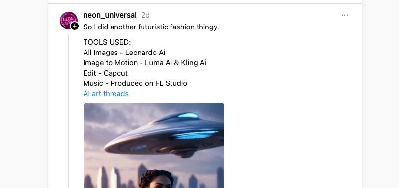 Screenshot from Threads of an AI enjoying loser posting a list of AI he used to generate some garbage that looks like ass