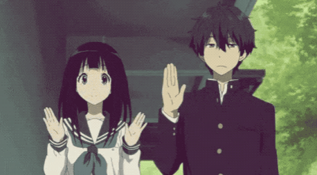 screen-cap from an anime of a boy and a girl waving goodbye at the viewer.