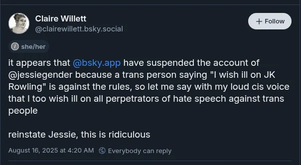 Screenshot of Bluesky post about wishing ill will on JK Rowling