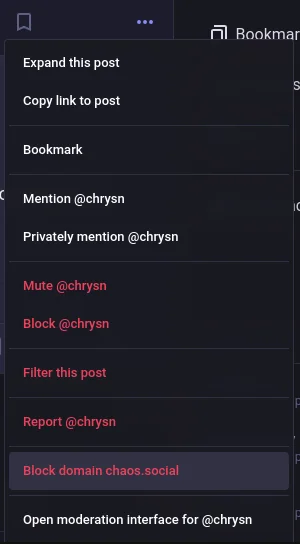 Block option under a user's post on social media platform