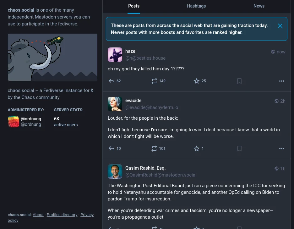 Screenshot of chaos.social instance on the fediverse