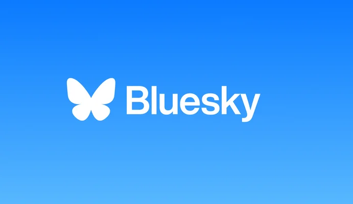 the Bluesky logo with white text on a blue background and a butterfly, also in white