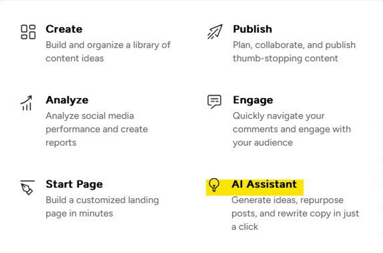 screenshot from the Buffer website that briefly lists all its features, including an AI assistant that nobody wants