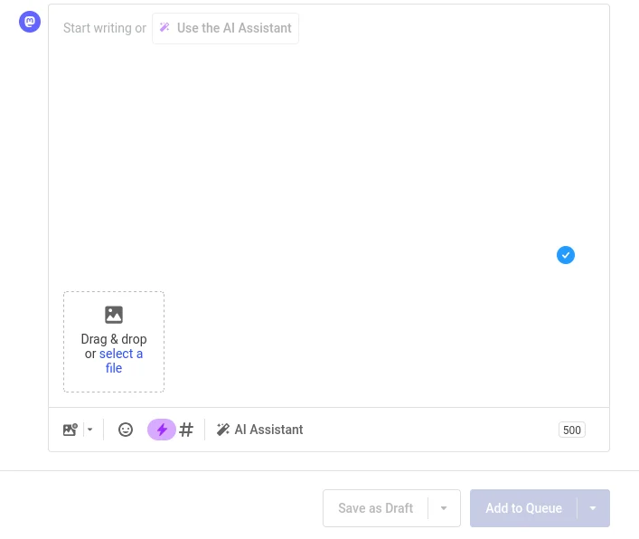 A screenshot from the Buffer website's publishing window, depicting their AI assistant being mentioned twice just pixels away from each other.
