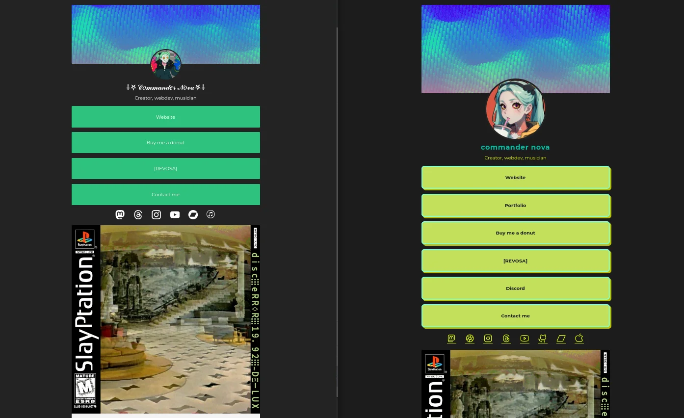 A screenshot of Buffer's link page versus my link page, styled similar, but also completely different.