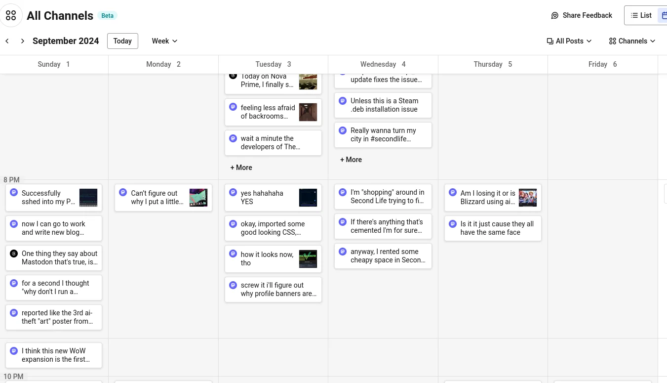 screen from the Buffer website, showcasing organized posts I've made across Mastodon on a calendar.