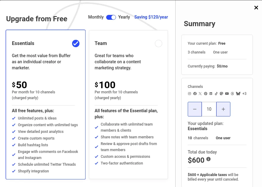 A screenshot from the Buffer website depicting having to paying 600 dollars total, or 50 dollars a month, for the ability to connect 10 accounts to their service.
