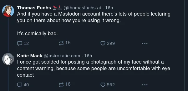 an imagine of two Bluesky users sharing the exasperation with ... being expected to care about other people on the fediverse.