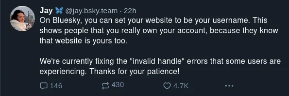the ceo of bluesky explaining how you can use a domain for your username, as if this is a new feature the internet has never seen before