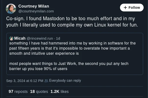 an image where a Bluesky user asserts that compiling a Linux kernel is easier than joining Mastodon