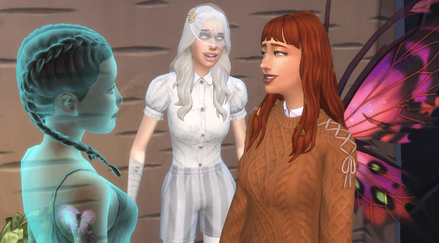 A house built on a tree with various sims, including a Fae and vampire.
