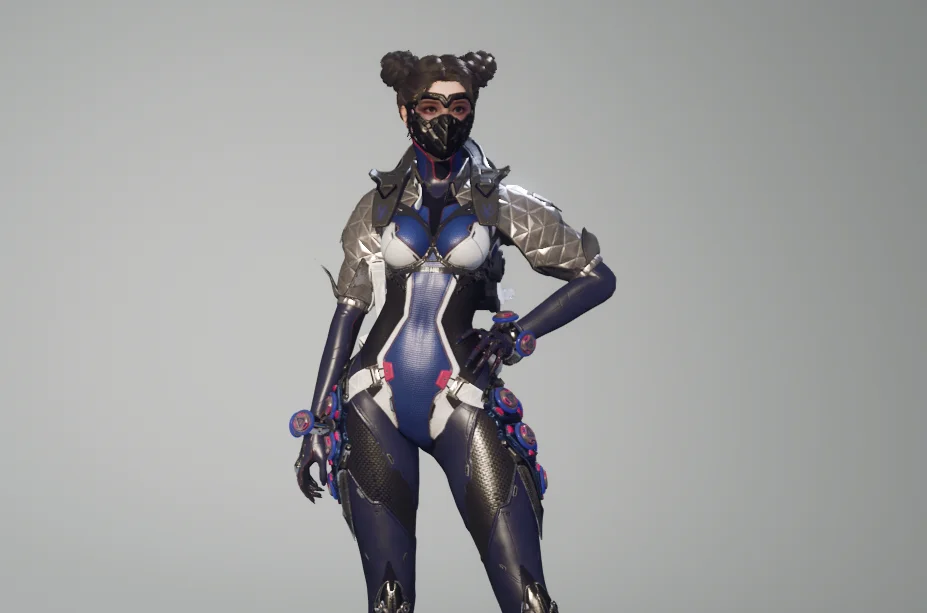 Screenshot from The First Descendant, depicting a woman with top buns in her hair wearing what resembles the blue and white plug suit from Neon Genesis Evangelion, of the character Rei.