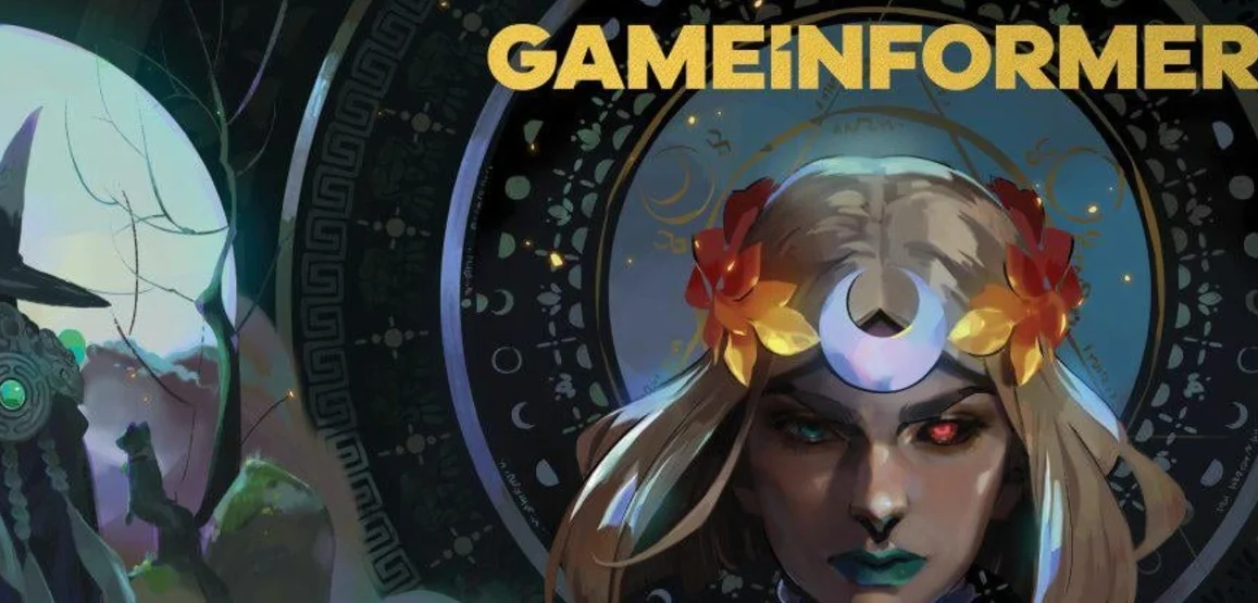 an image with yellow text reading "Game Informer" with a washed out water color painting of a woman's head, and some scenery from a game