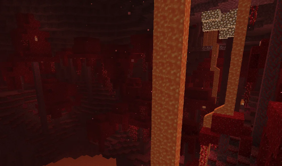 Crimson Forest biome in Minecraft with red foliage.