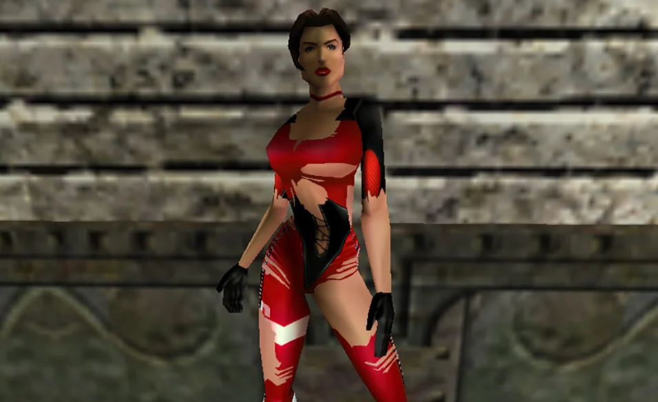 Julie, a game character, stands ready for battle.